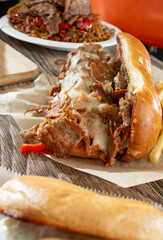 A view of a steak sandwich.