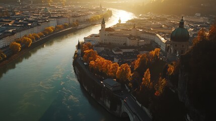 Aerial view of a river winding through a city with autumn foliage and historical architecture.