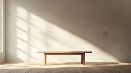 A 3D-rendered minimalist dining room with a neutral-colored wall and a wooden table, offering a clean, modern backdrop for any interior design project - HD and realistic