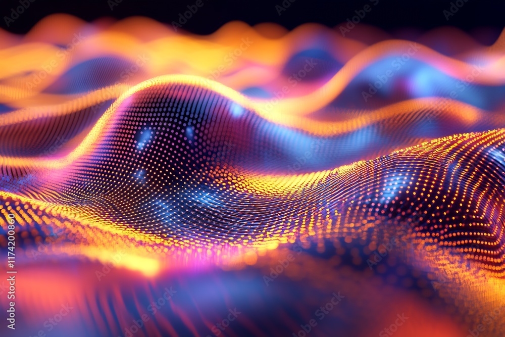 Poster Abstract digital artwork with colorful waves and glowing dots in a futuristic lights display : Generative AI