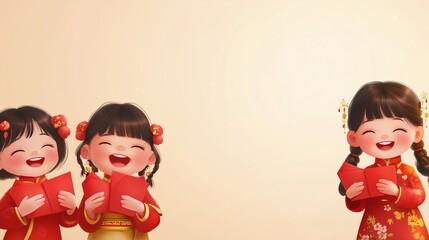 Fototapeta premium Semi-realistic scene of children in traditional Chinese outfits holding red envelopes with glowing smiles, leaving a clean copy space on one side.