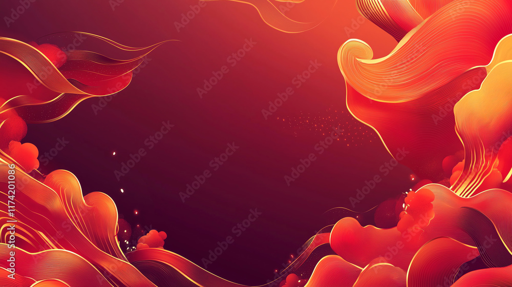 Poster abstract chinese new year background with bold red and gold waves, subtle floating cloud motifs, and
