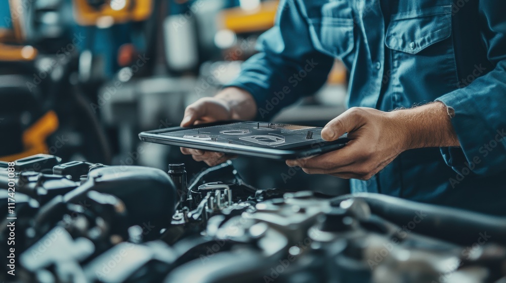 Poster professional automotive technician inspecting a car engine while using a digital tablet to display e