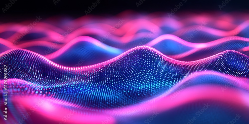 Fototapete Dynamic Abstract Neon Wave Background with 3D Digital Flow Effect : Generative AI