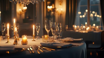 Fototapeta premium A wide-angle view of an elegantly set dinner table in a luxury restaurant, with candlelight casting soft shadows and glassware sparkling under a chandelier HD, realistic