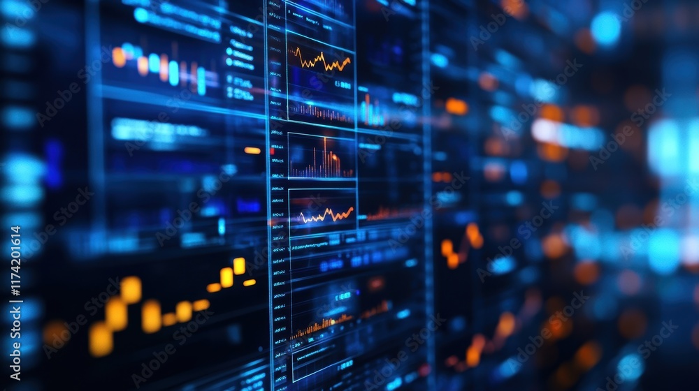 Aufkleber glowing digital interface showcasing real time data analysis, charts, and graphs in a futuristic ser