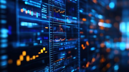 Naklejka premium Glowing digital interface showcasing real time data analysis, charts, and graphs in a futuristic server room environment, highlighting the power of modern computing and information processing