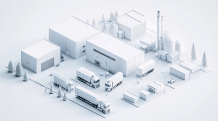 3D rendering of white modern factory area with parked logistics vehicles