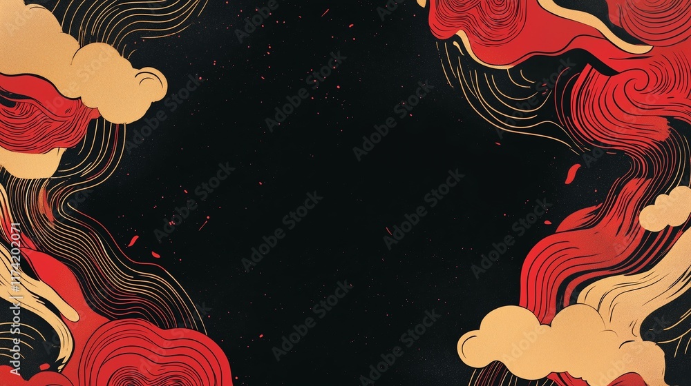 Aufkleber minimal red and gold design featuring abstract cloud and wave patterns in the corner, set against a 