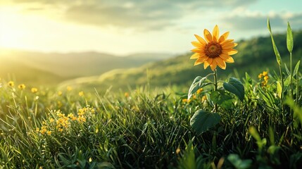 A vibrant sunflower blooms amidst lush green grass and delicate wildflowers, basking in the warm glow of the setting sun. The tranquil scenery evokes peace and harmony.