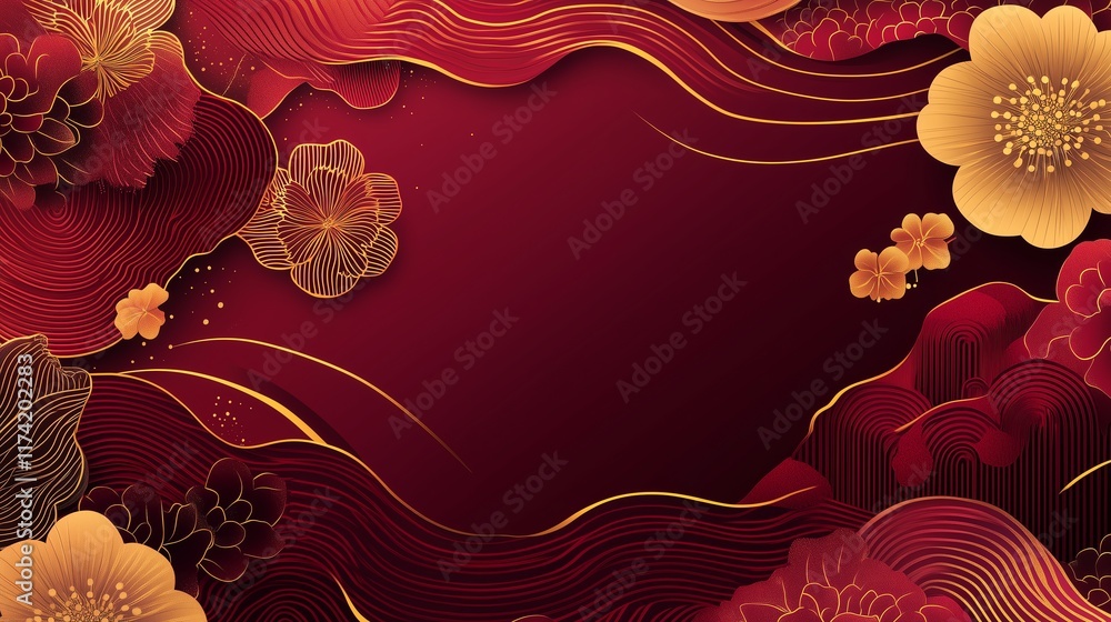 Poster modern chinese new year abstract design with floral and wave patterns in gold, space for text.
