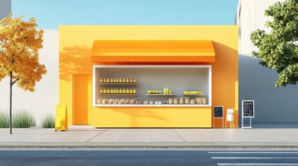 Sunny Day at a Bright Yellow Mini Market - 3D Render
