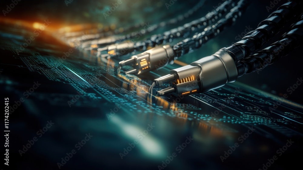 Poster High-Tech Close-Up of Advanced Cables Connecting to a Digital Circuit Board, Showcasing Modern Technology and Innovation in Communication Systems