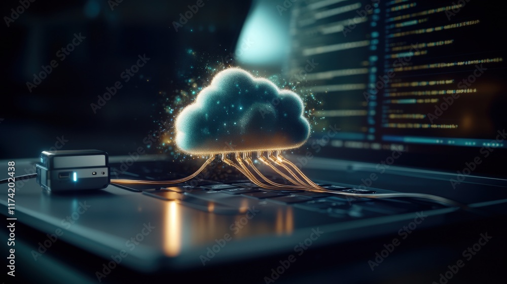 Poster Digital Cloud Computing Concept with Data Transfer Cables Connecting to a Laptop, Representing Modern Technology and Innovation in the Online World