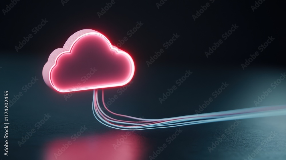 Aufkleber futuristic cloud symbol with neon glow and streaming data cables representing digital storage and da