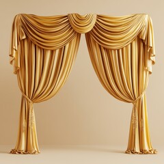 Elegant gold curtains with a luxurious swag and tassel details, creating a grand and opulent scene.