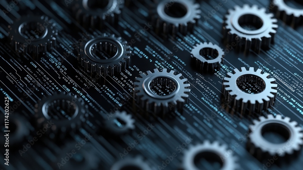 Poster A Close-Up View of Interconnected Gears on a Dark Background with Numeric Code, Representing the Concept of Technology and Industry Integration