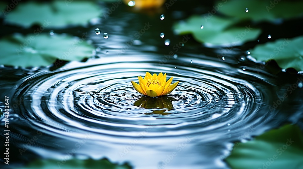 Poster Yellow Lotus with Drops of Water Creating Ripples in a Harmonious Pond Environment : Generative AI
