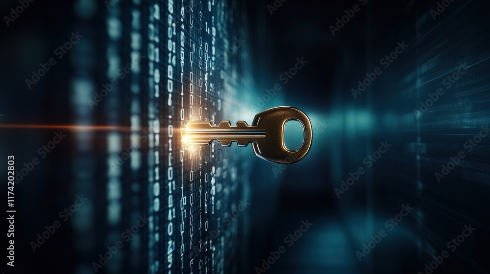 Poster Golden Key Symbolizing Digital Security and Access in a Network of Binary Code Representing Cybersecurity and Data Protection Concepts