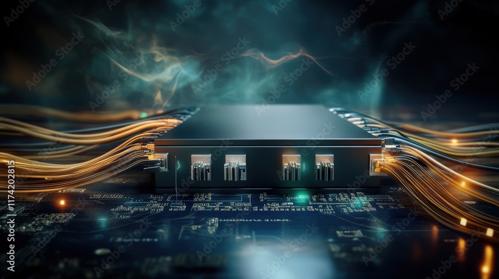 Poster high-tech circuit board with glowing cables and abstract lighting effects, showcasing modern technol