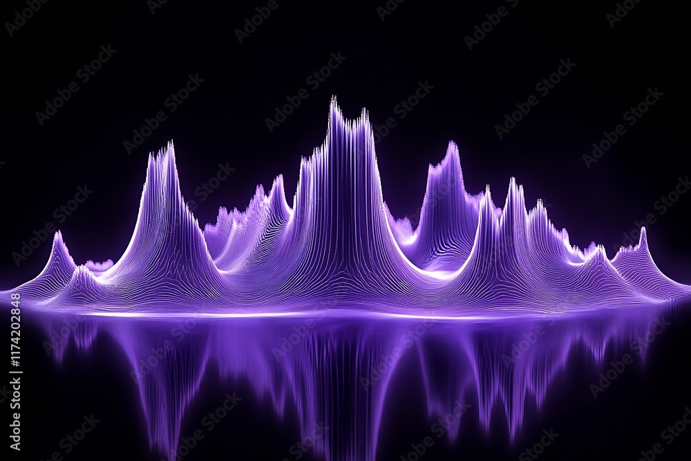 Poster creative purple waveform mountain reflections on abstract black backdrop : generative ai