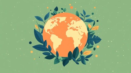 Fototapeta premium Smiling Earth Globe Surrounded by Lush Green Leaves - Eco-Friendly Minimalist Design