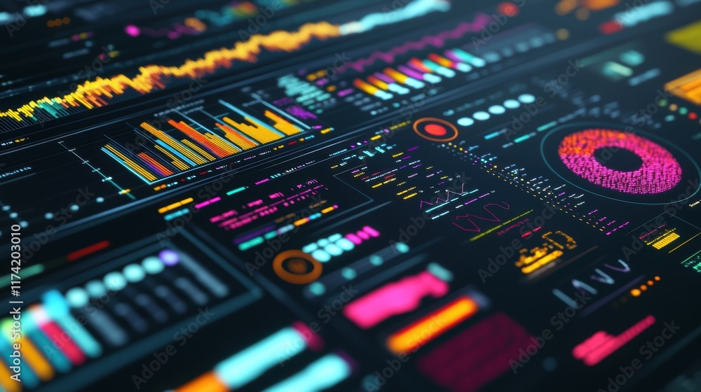 Poster complex data streams across a futuristic interface, visualizing information with vibrant charts, gra