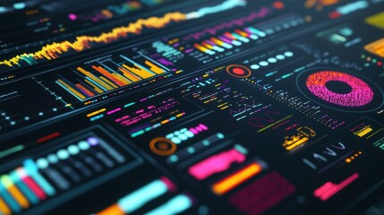Obraz premium Complex data streams across a futuristic interface, visualizing information with vibrant charts, graphs, and dynamic digital elements, creating a captivating technological scene