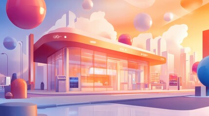Obraz premium Futuristic Convenience Store in a Pastel Cityscape - Smiling
