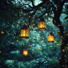 Enchanted forest scene with hanging lanterns glowing softly among the trees at night.