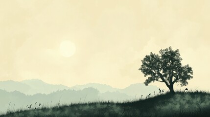 Obraz premium Solitary Tree Silhouette on Hill, Peaceful Sunrise Landscape