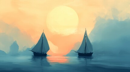 Fototapeta premium Two Sailing Ships at Sunset, Peaceful Ocean Scene
