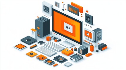 Obraz premium A digital workspace illustration featuring various tech components and devices.