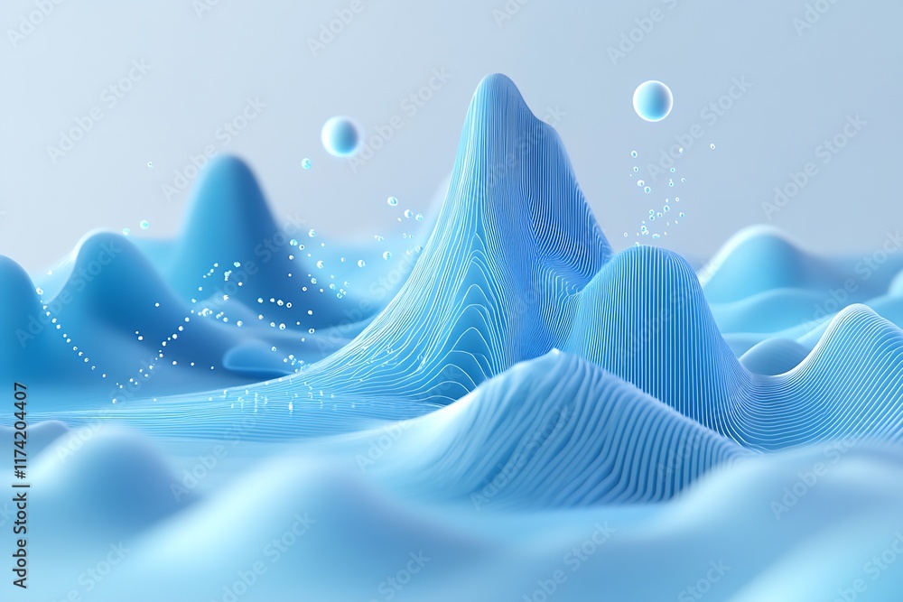 Poster abstract blue 3d landscape with peaks and floating spheres in soft focus : generative ai