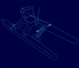 Blue drawing of a boat with a person sitting in it. The boat is designed to be used on water