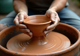 Crafting pottery on a wheel during a sunny afternoon in a local workshop