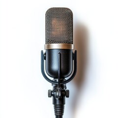 A black condenser microphone with a metallic grill, isolated on a white background.