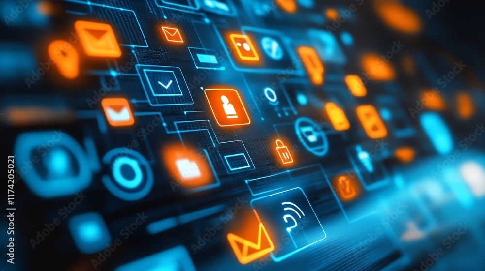 Poster Innovative Digital Network Display with Blue and Orange Cybersecurity and Communication Icons : Generative AI