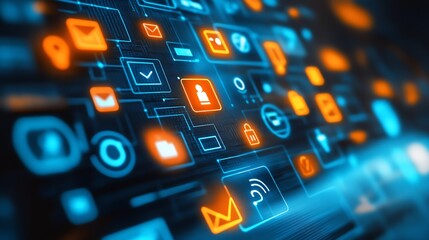 Innovative Digital Network Display with Blue and Orange Cybersecurity and Communication Icons : Generative AI