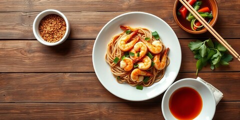 Shrimp pad thai on plate in flat lay composition with copy space on rustic wooden table, pad thai, rustic