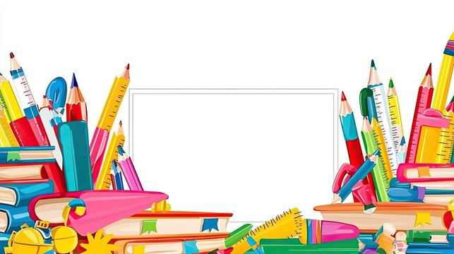 A colorful border of school supplies framing a blank space for text or images.