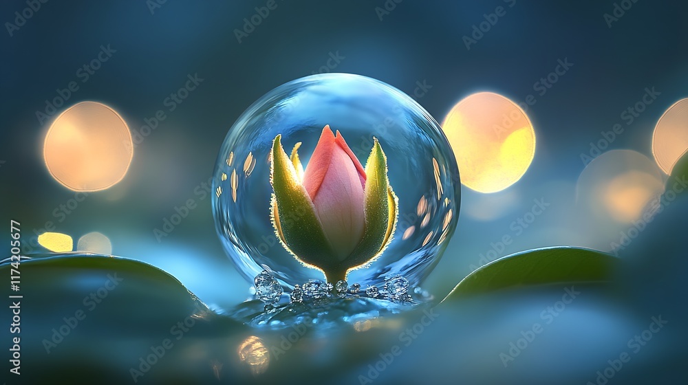 Aufkleber artistic rosebud encapsulated in glass sphere with dreamy bokeh : generative ai