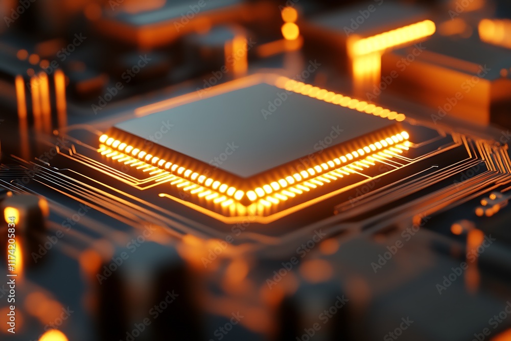 Poster Glowing Orange Circuit Board with CPU Highlighting Advanced Technology and Cyber Innovations : Generative AI