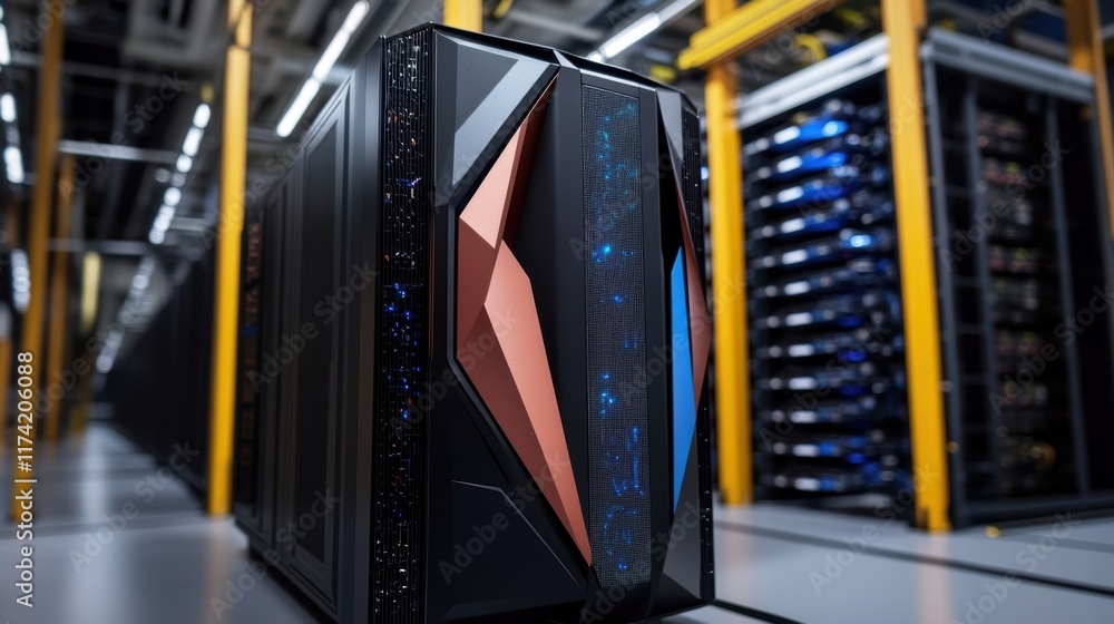 Poster quantum computer processing data in a server room with blue lights and servers in the background, re