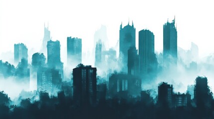 Dramatic Cityscape with Haze Effect on White Background