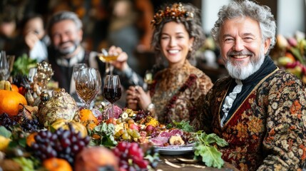 A group of festively dressed people enjoy a Renaissance-style feast with abundant food and drinks. Perfect for historical events, themed parties, or restaurant promotions.
