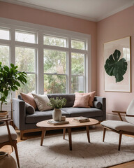 Fototapeta premium Inviting and airy living room with pastel pink tones a baby pink couch and wide windows allowing natural light