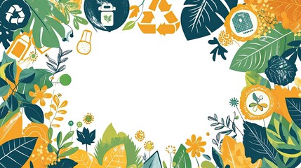 A colorful border of leaves and recycling symbols promoting environmental awareness.