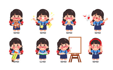 Cute cartoon indian kid student study and learning pose set. Illustration vector premium.