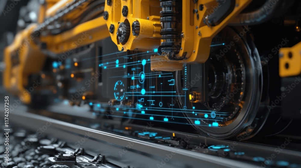 Poster close up of a futuristic train wheel moving along a track with a digital overlay showing technical d